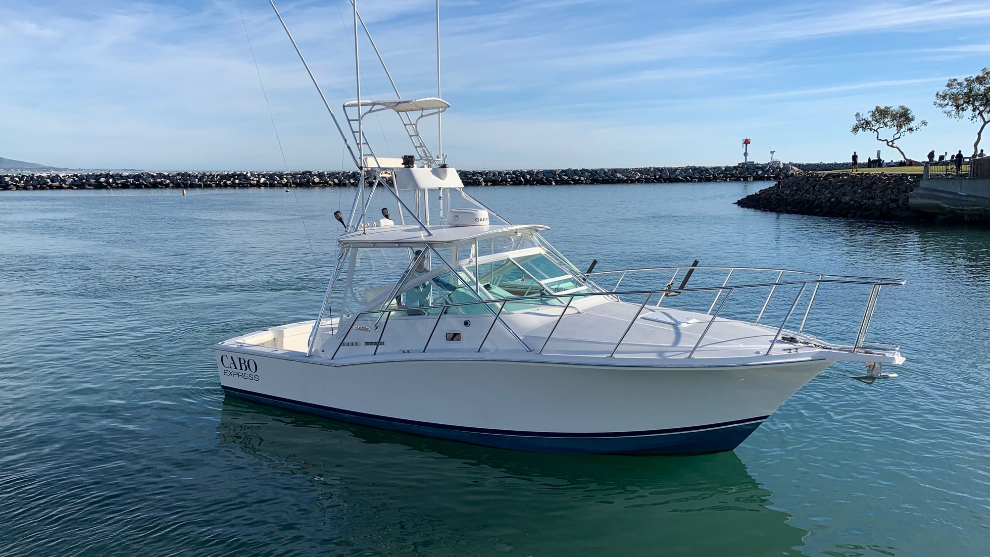 MOJO, a 31-foot Cabo Express, in the harbor at Newport Beach